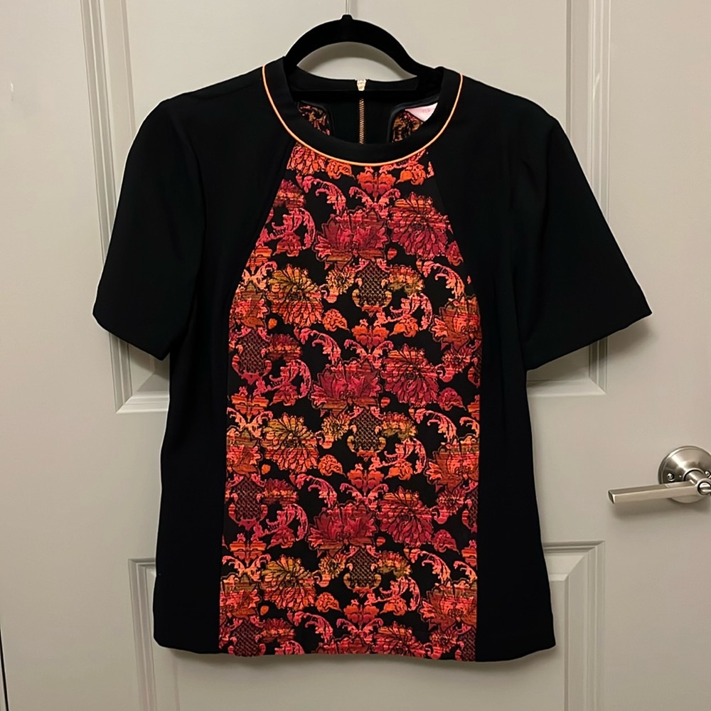 NWT Ted Baker Knit Top Jacquared Floral Tapestry Black Red Pink Cap Sleeve Shirt